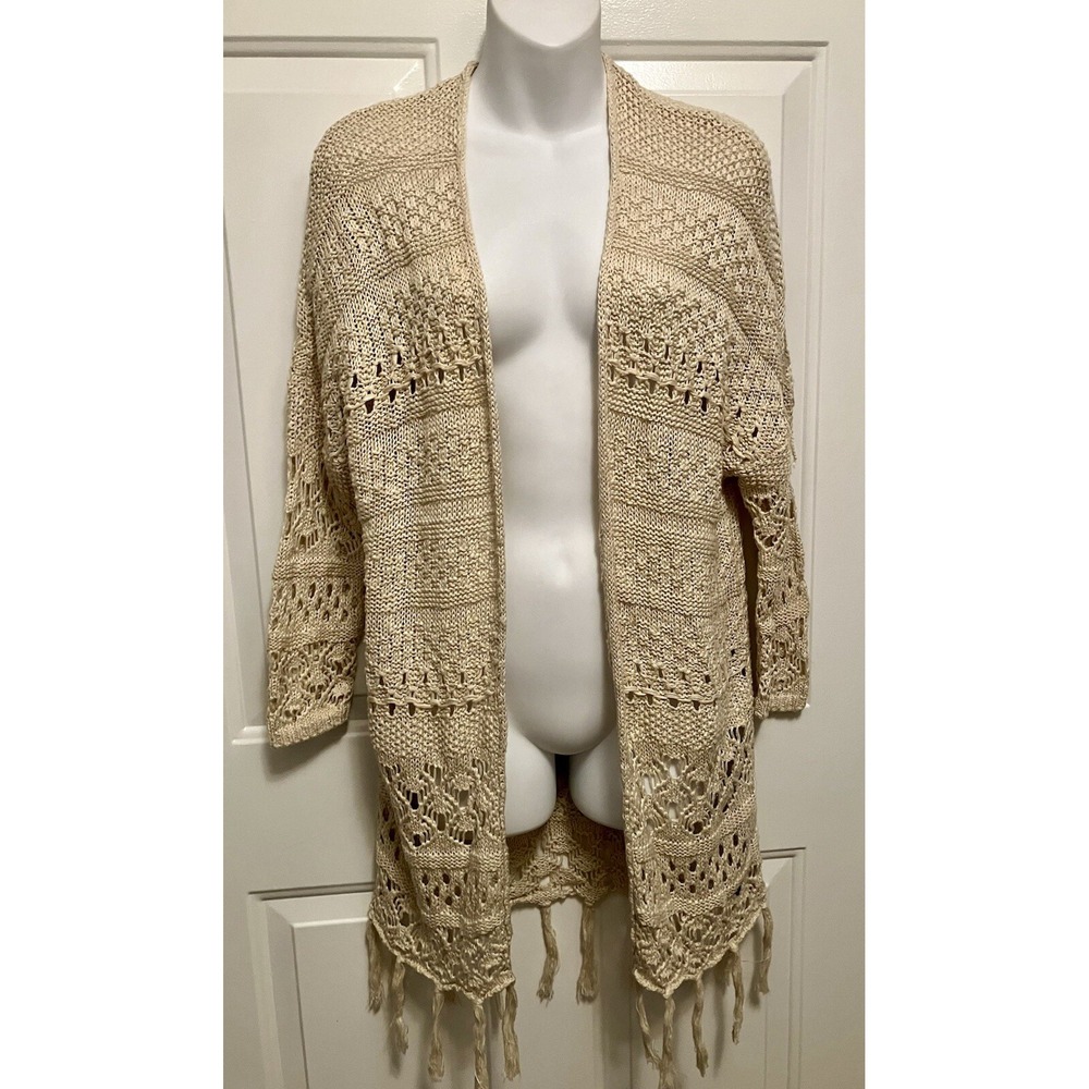 Hollister Women's Y2K Small Tan Beige Fringe Boho Open Front Cardigan Sweater